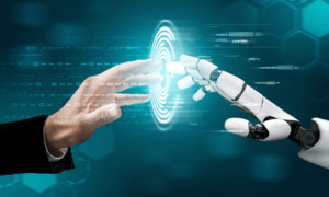 Robot hand touching human hand